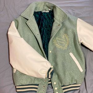 Urban Outfitters Varsity Collegiate Graphic Jacket in Seafoam Green and White